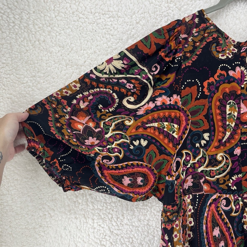 Anthropologie Kachel Floral Paisley Maxi Dress Sz Large Short Sleeve Satin Boho - Picture 8 of 10